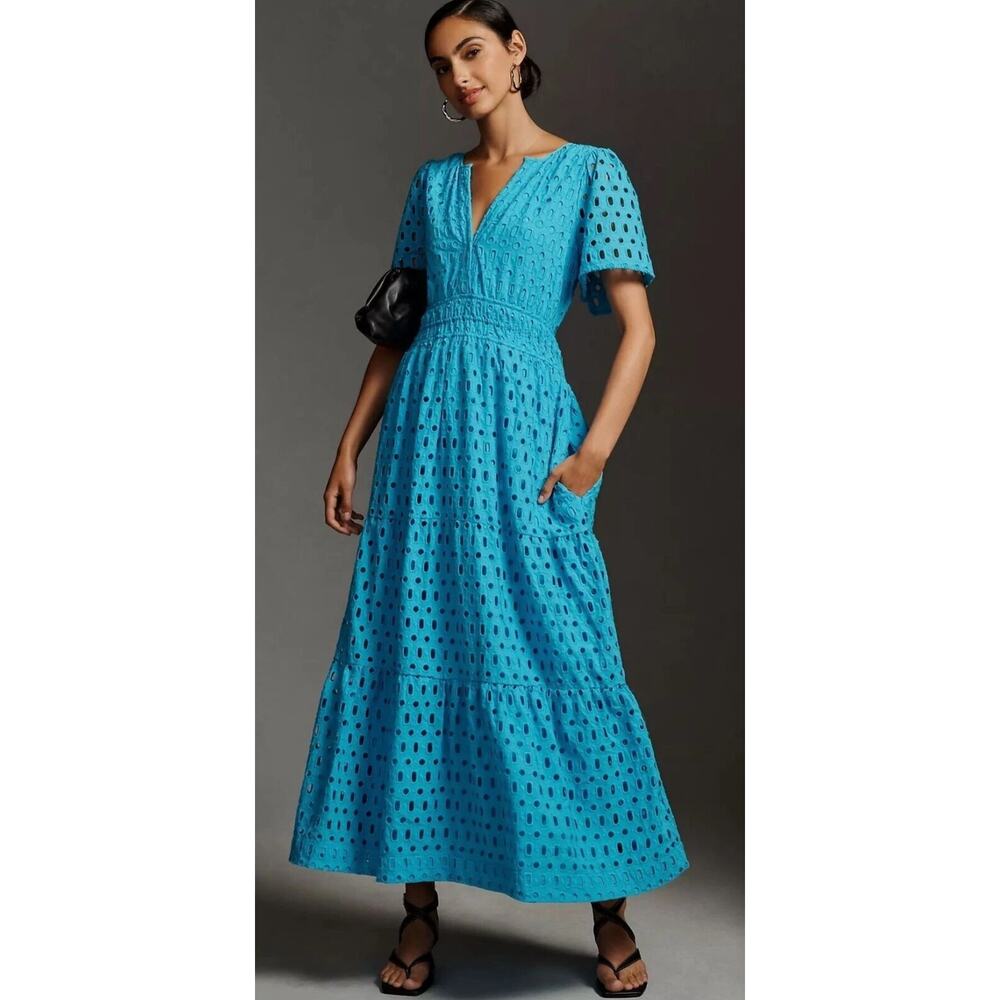 Anthropologie Blue Somerset Eyelet Edition V-Neck Tiered Maxi Dress Size XS NWT